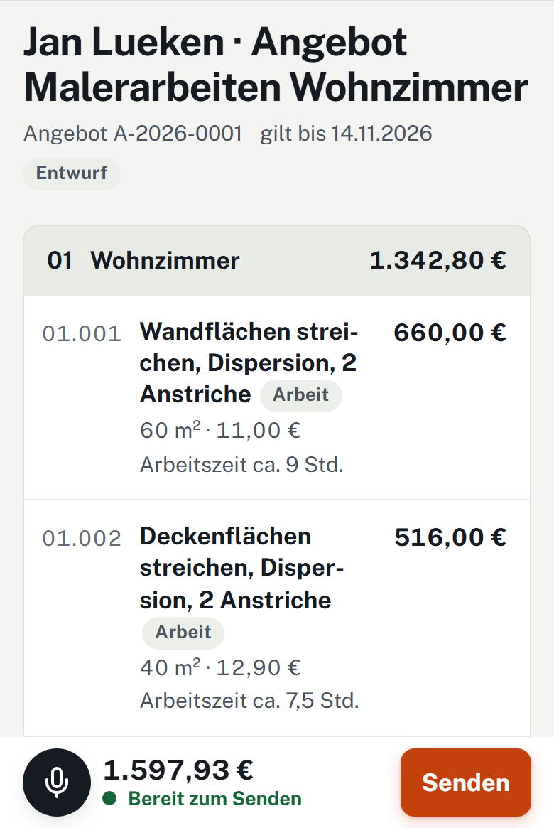 Entwurf in der App: Jan Lueken, Angebot Malerarbeiten Wohnzimmer, Positionen mit Preisen, unten Summe 1.597,93 € mit „Bereit zum Senden“ und Knopf Senden